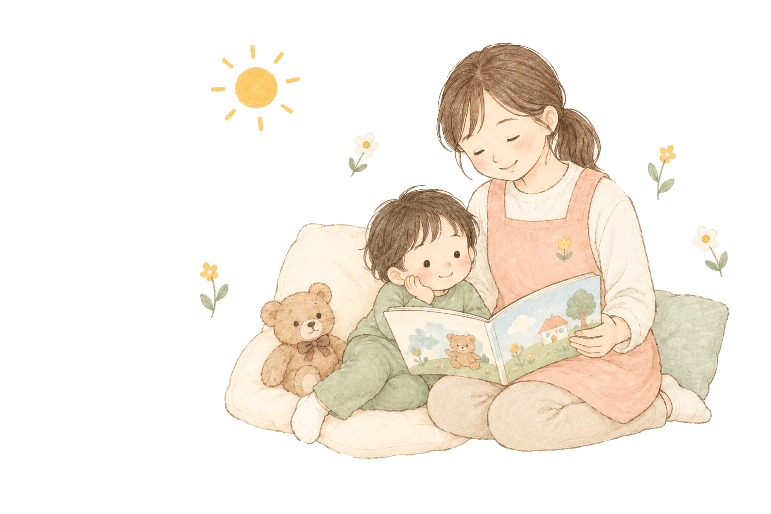 保育者が子どもに寄り添い、絵本を読んでいる温かなイラスト